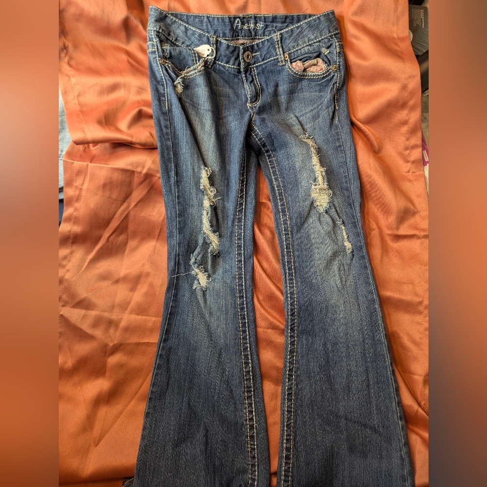 Amethyst Jeans Distressed Flare in Blue